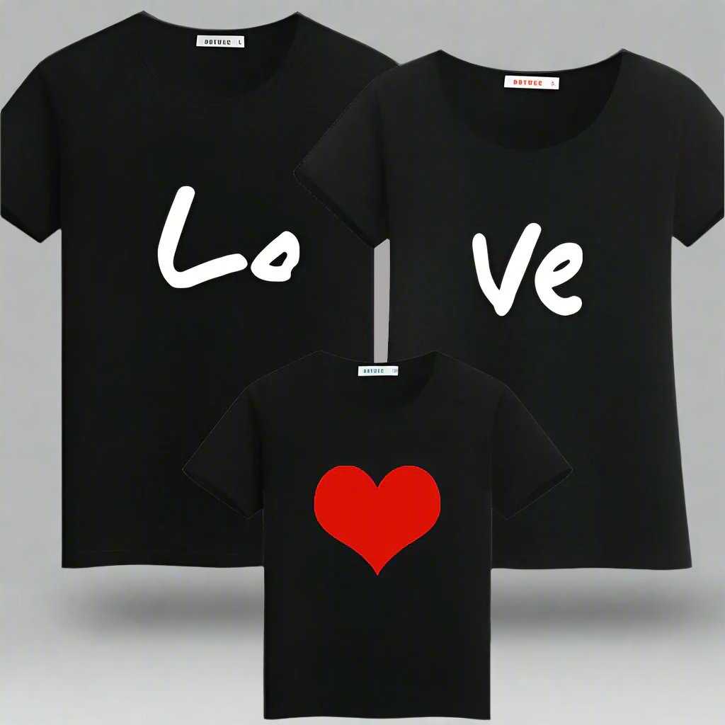 Family matching love shirts featuring 'Lo', 'Ve', and red heart for a cute coordinated look