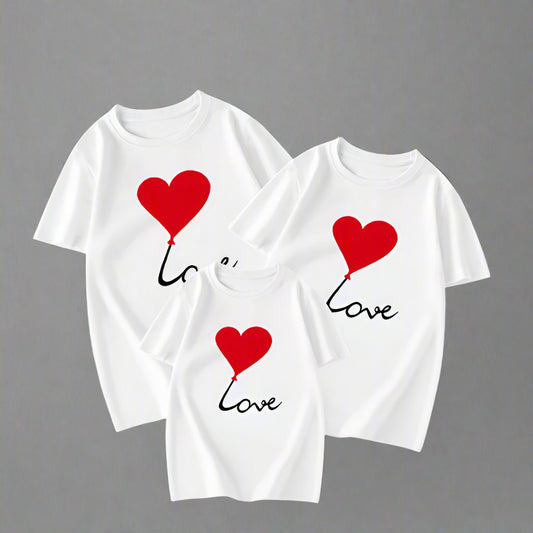 Heart balloon and love-themed matching shirts for family, available in various colors