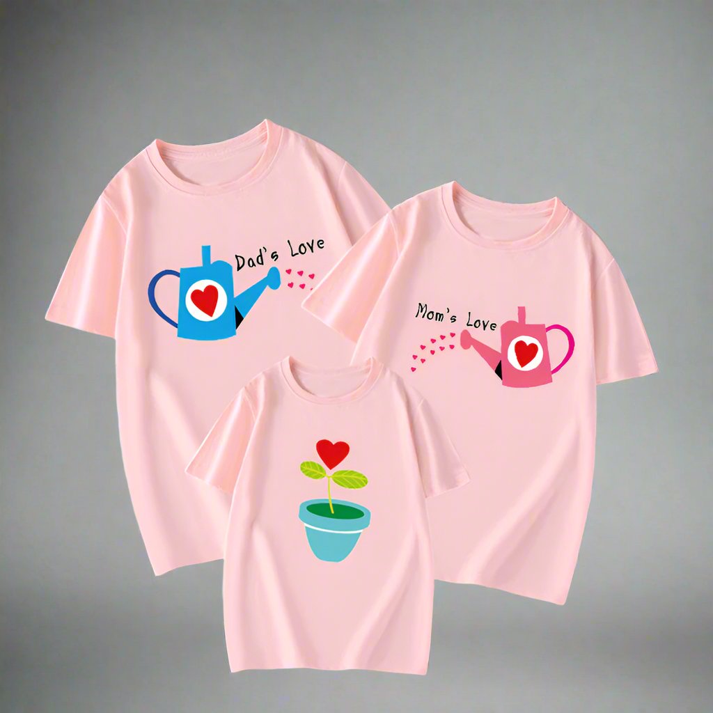 Family set of shirts featuring 'Mom's Love' and 'Dad's Love' watering can designs in different colors