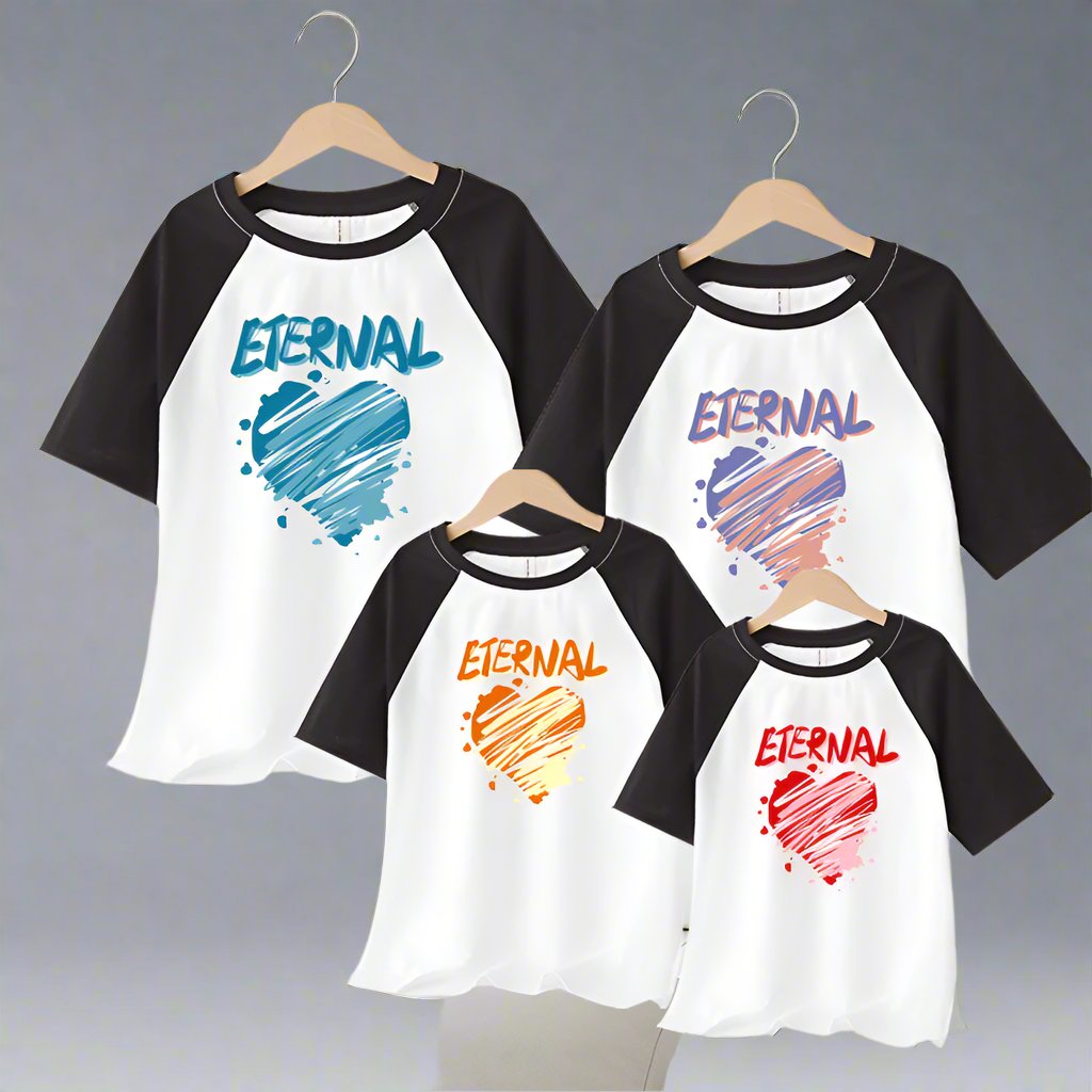 Family outfits with 'Eternal' text and heart design in various colors