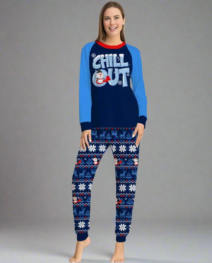 Cozy holiday pajamas for family featuring snowman design, snowflakes, and 'Chill Out' message