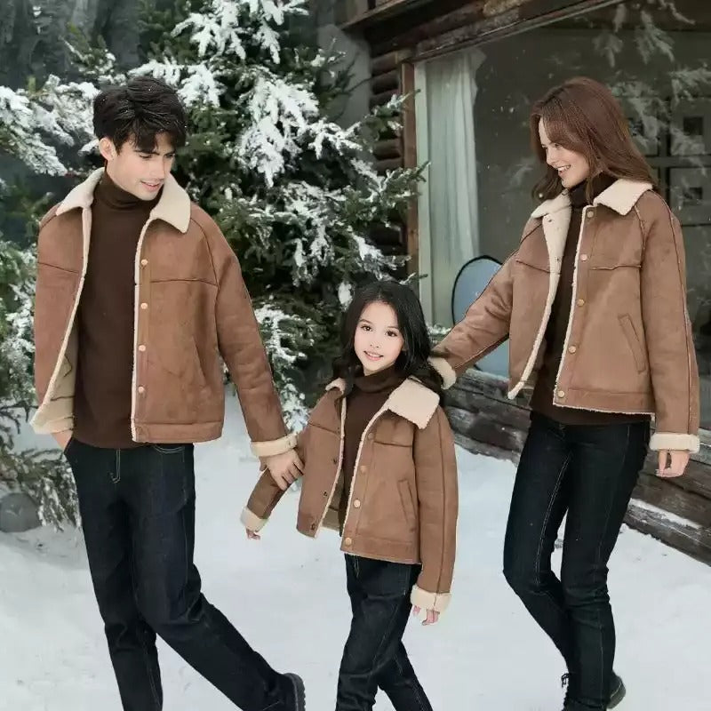 Family of three wearing matching shearling-lined brown jackets and dark jeans in front of a snow-covered tree and cabin