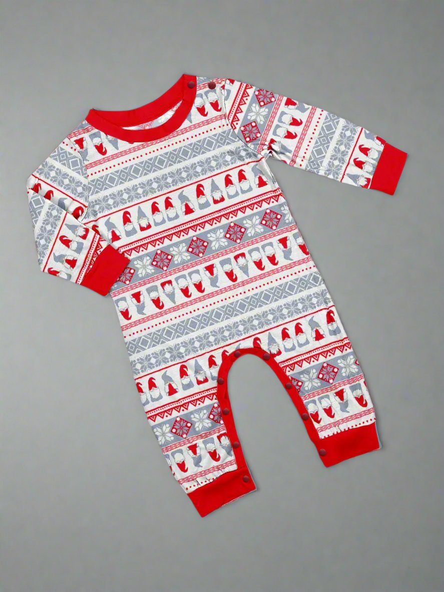 Santa-themed family pajamas set with red tops and white pants decorated with holiday patterns