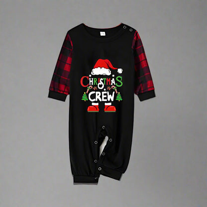 Christmas Crew family pajamas set with black tops, Santa hat design, and red plaid bottoms