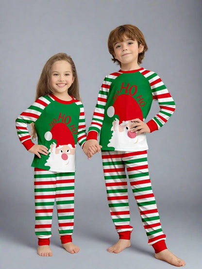 Christmas pajamas for family with fun Santa Claus and 'Ho Ho Ho' design, in colorful stripe