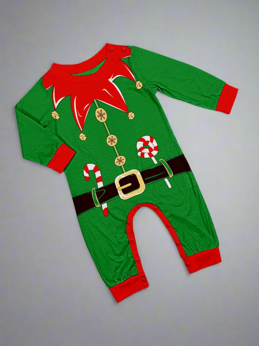 Family Christmas pajamas set with playful elf costume design and candy-cane striped pattern