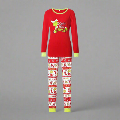 Grinch-themed family pajamas set with 'Merry Grinchmas' and 'Don't Be a Grinch' designs