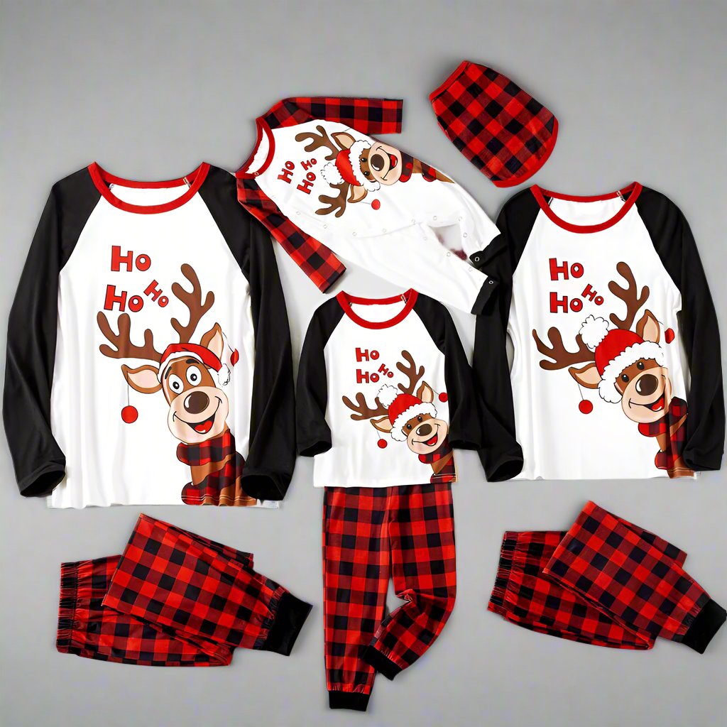 Family Christmas pajamas with reindeer and Ho Ho Ho theme in red plaid and black sleeves