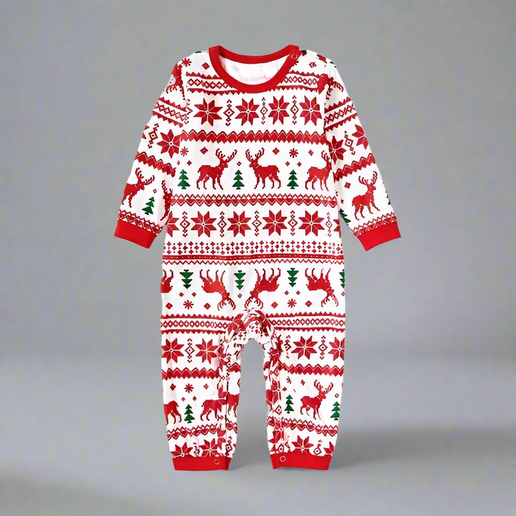 Red and white family pajamas with reindeer and snowflake pattern for Christma