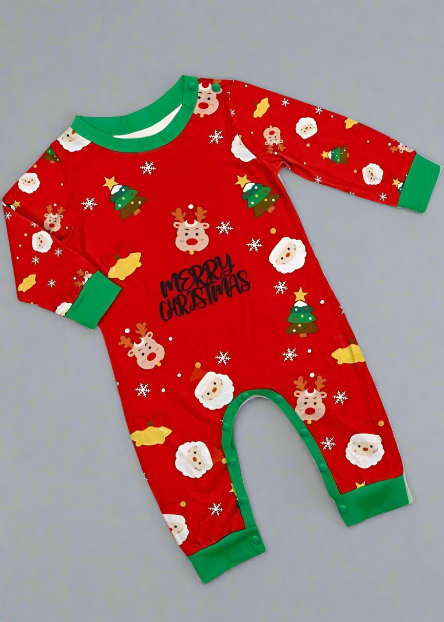 Parents and kids in matching holiday pajamas set featuring Santa and reindeer prints, available in red, white, and black