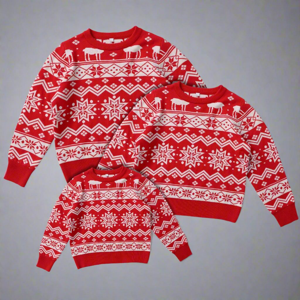 Matching holiday sweater set for families in red and white Fair Isle design with festive reindeer