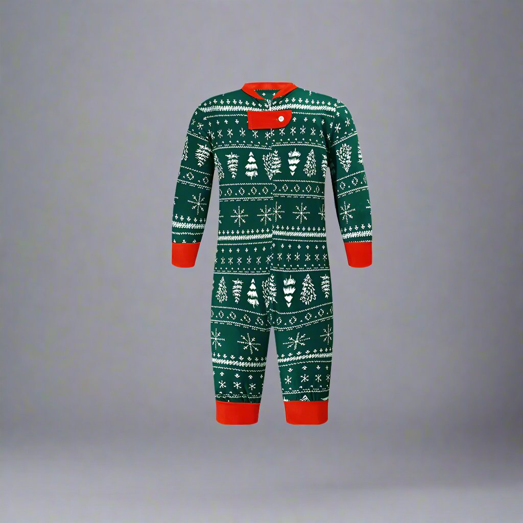 Cozy green family pajamas with white snowflake and tree pattern, red trim