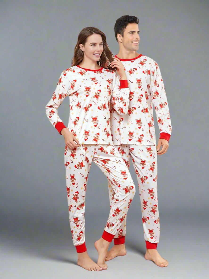 Festive family Christmas pajamas featuring Santa and reindeer print, perfect for holiday celebrations