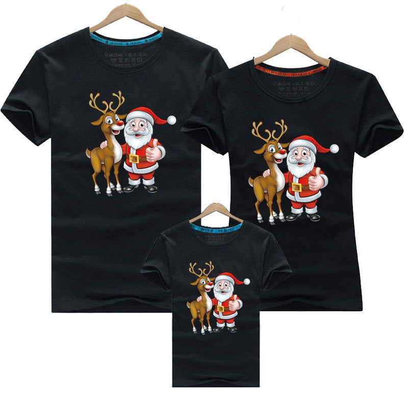 Black family Christmas t-shirts featuring cheerful Santa and reindeer, ideal for festive gathering