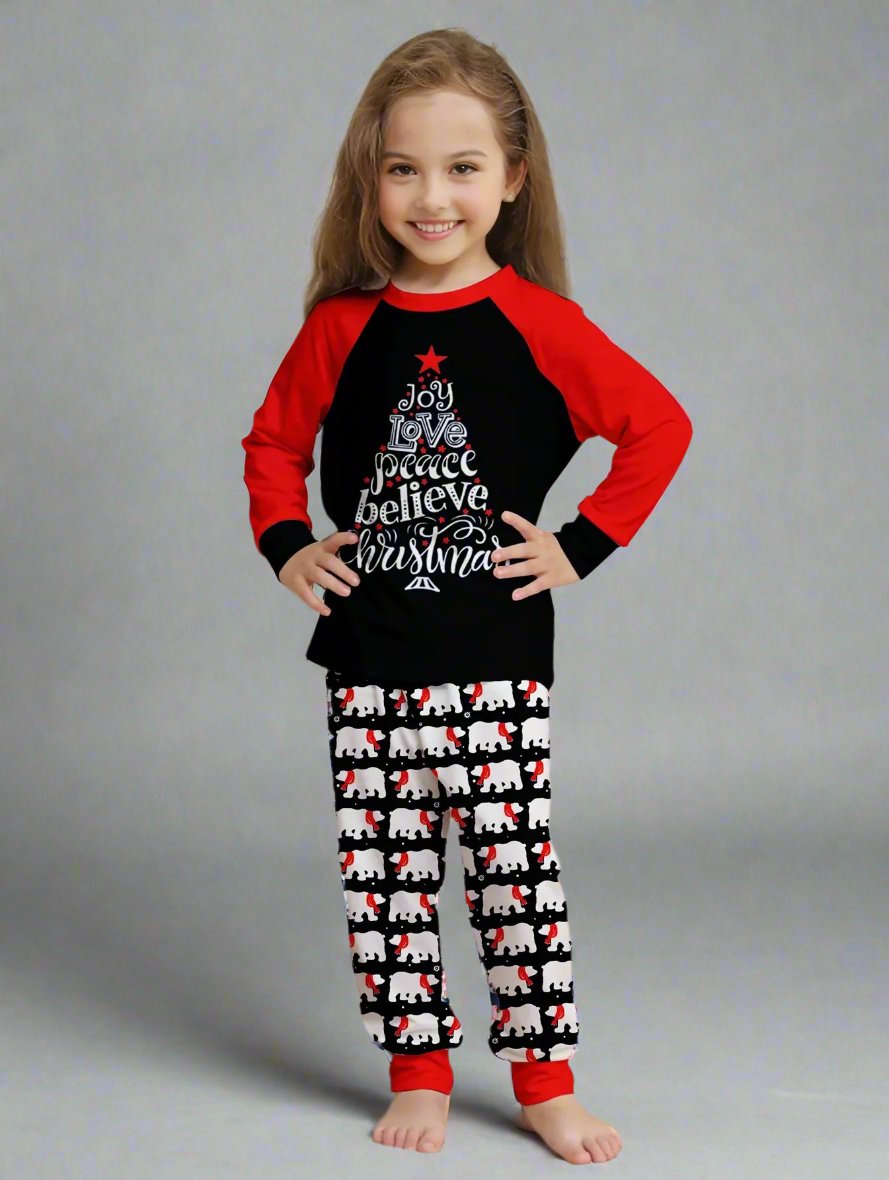 Polar bear print family pajamas with red and black tops, perfect for Christmas celebrations