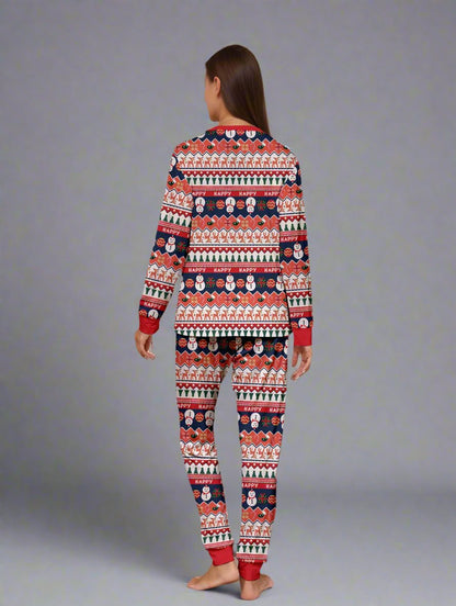 Christmas pajamas for family with colorful holiday pattern including Santa, reindeer, and festive text