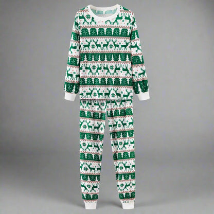 Green and white reindeer print family pajama set for the holiday season