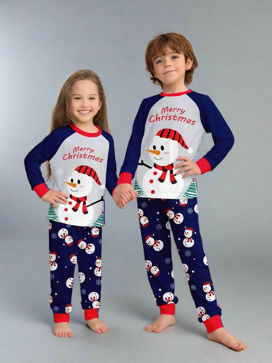 Christmas family pajamas set featuring a snowman and 'Merry Christmas' theme