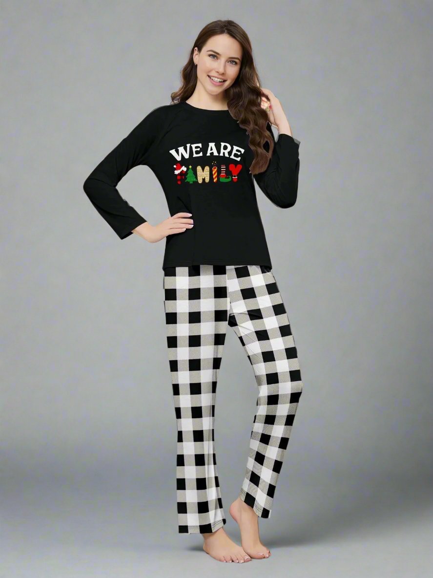 Matching holiday loungewear set for families with 'We Are Family' text and festive prints