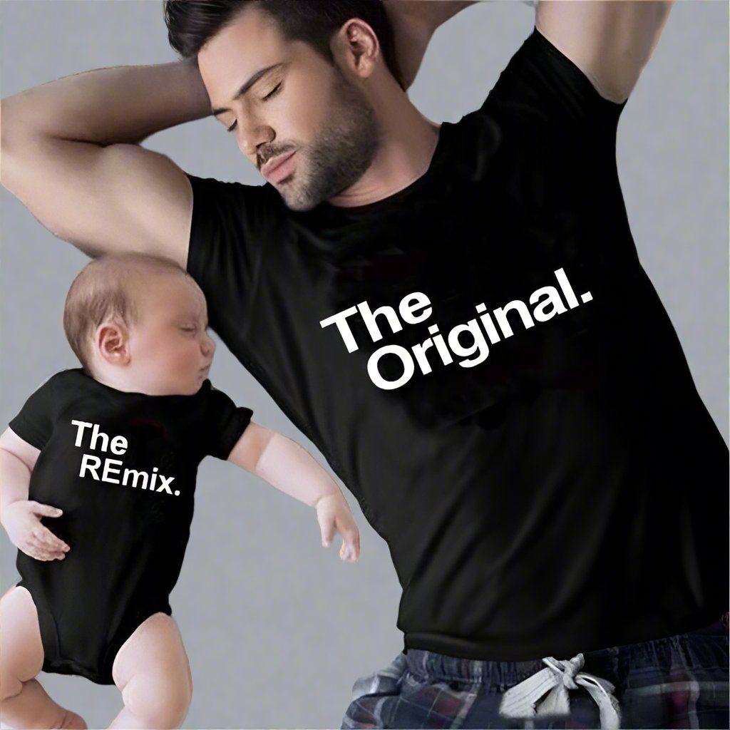 Matching family t-shirts for parents and kids, with 'The Original,' 'The Remix,' and 'The Encore' labels