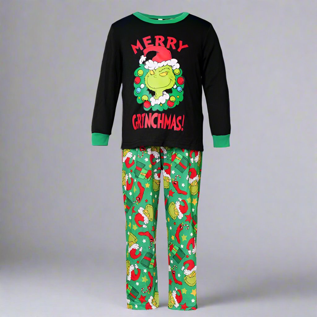 Grinch family holiday pajamas set with black and green design, perfect for Christmas gatherings