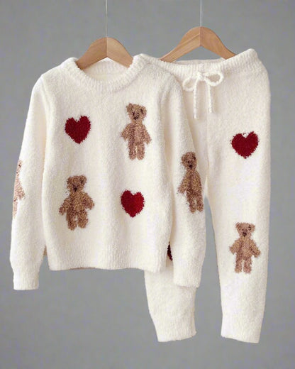 Soft and warm loungewear set with teddy bear print, available in white and maroon