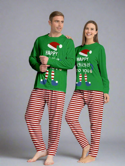 Festive family Christmas pajamas featuring a green elf top and red striped pants