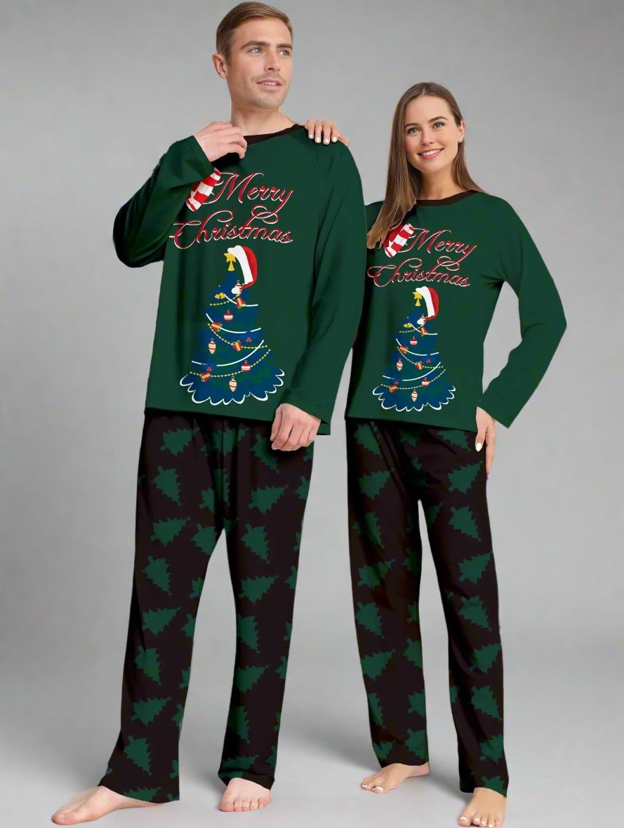 Green family Christmas pajamas with 'Merry Christmas' print and Christmas tree design