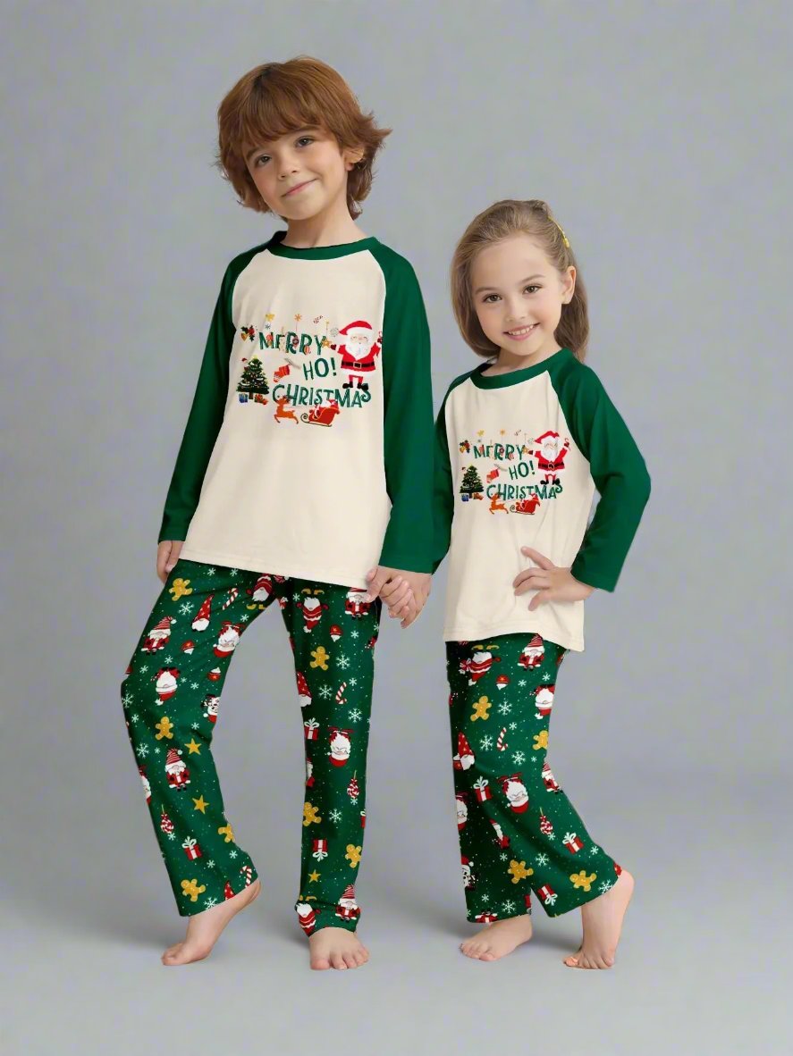 Matching Santa-themed Christmas pajamas for family in green and white, ideal for holiday gatherings