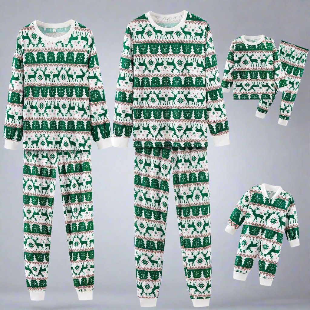 Matching family Christmas pajamas with green reindeer and tree pattern on white background