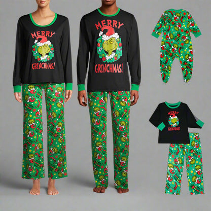 Matching Grinch family Christmas pajamas with 'Merry Grinchmas' and green holiday pants