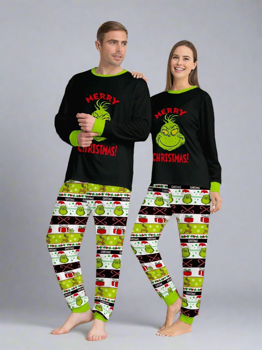 Festive matching pajamas for families with the Grinch and holiday-themed pattern