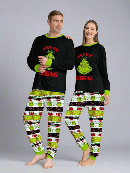 Festive matching pajamas for families with the Grinch and holiday-themed pattern