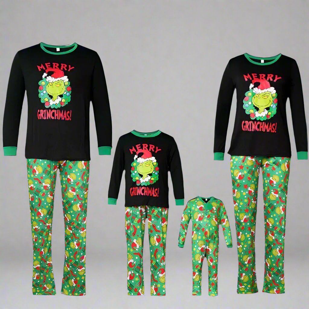 Grinch-themed family pajamas set featuring 'Merry Grinchmas!' design on black top with green pants