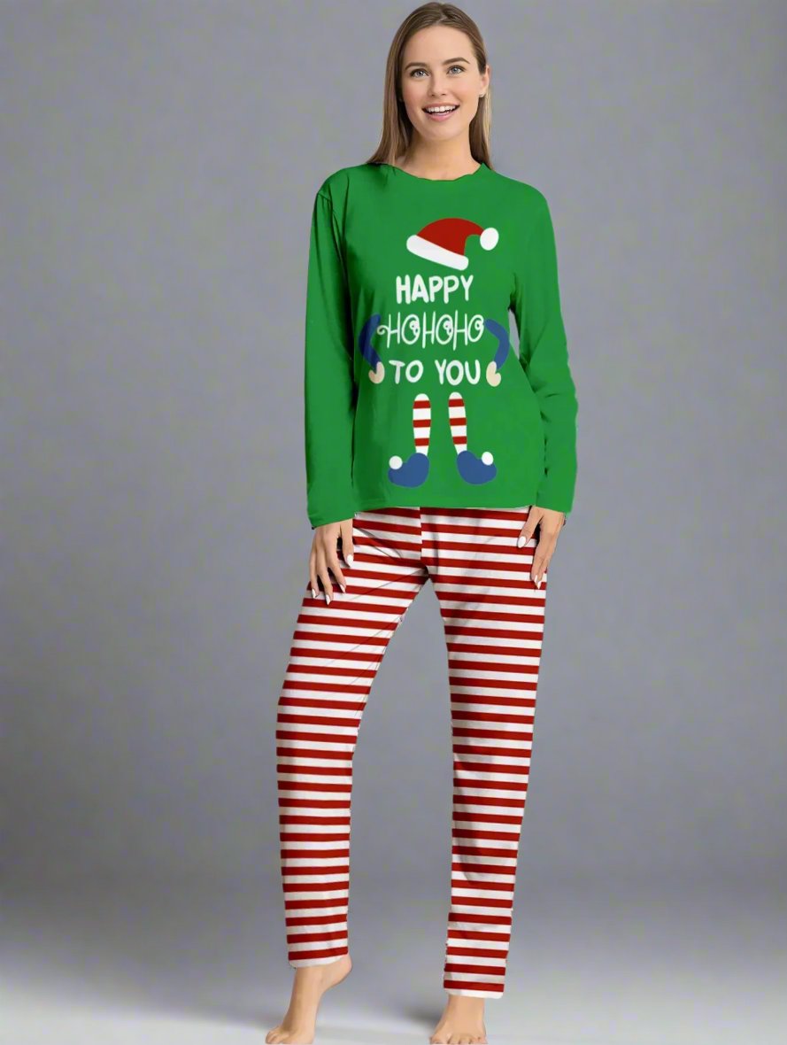 Family holiday pajamas set with 'Happy Ho Ho Ho to You' elf print