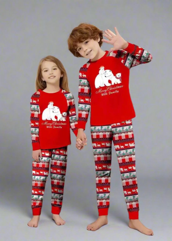 Cozy red Christmas pajamas for the whole family with a polar bear and festive holiday design