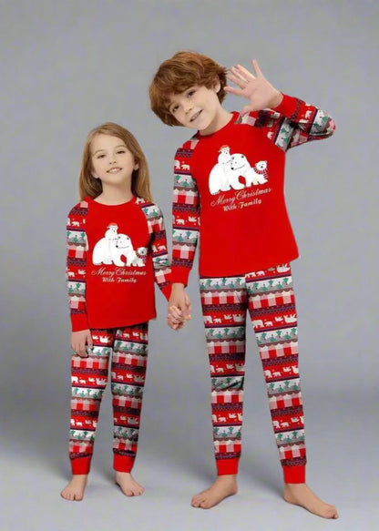 Cozy red Christmas pajamas for the whole family with a polar bear and festive holiday design