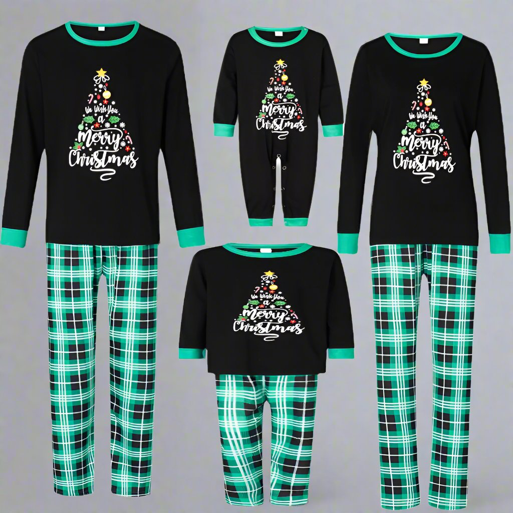 Festive family pajamas in black with Christmas tree graphic and green plaid pattern