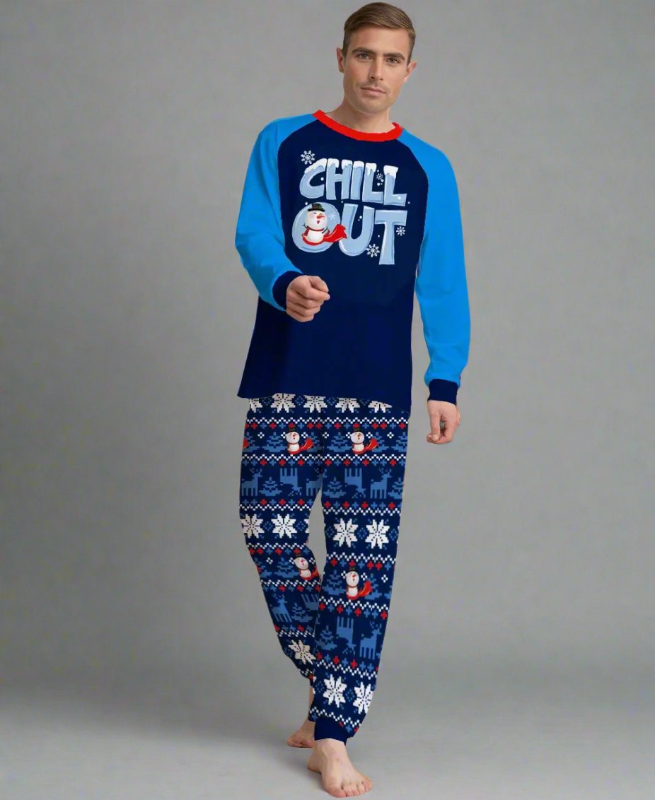 Family Christmas pajamas set with playful 'Chill Out' snowman design and winter-themed pattern