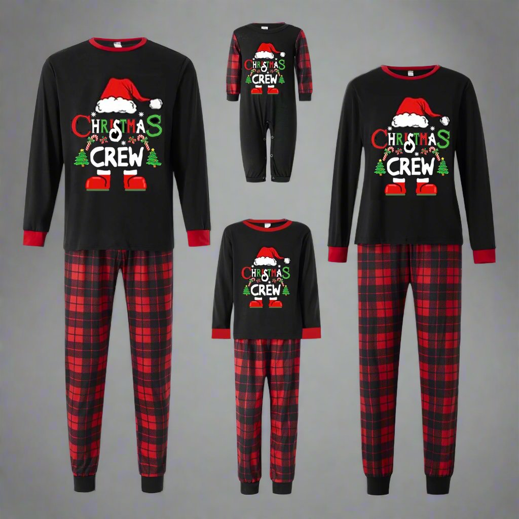 Festive holiday pajamas set for family with Christmas Crew text and red plaid patter