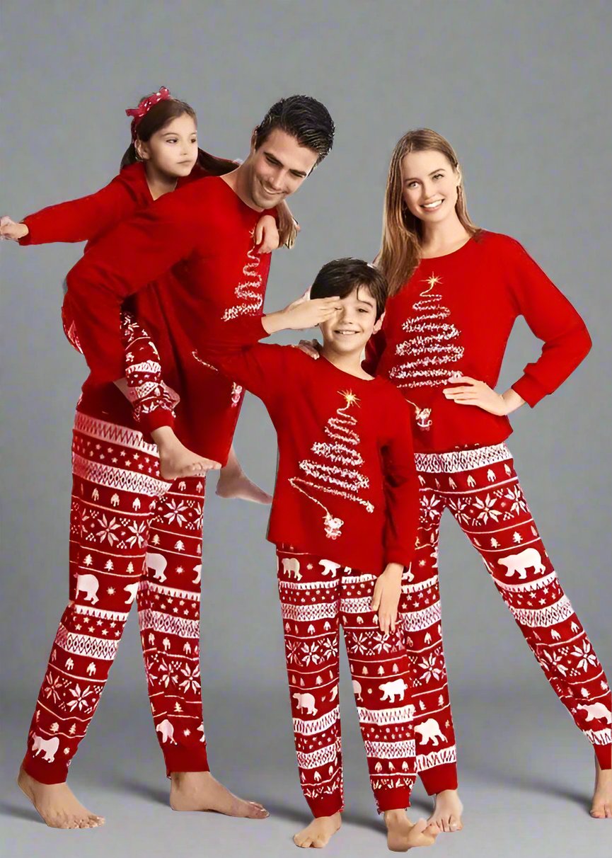 Festive holiday family pajamas in red with Christmas tree print and fair isle pants