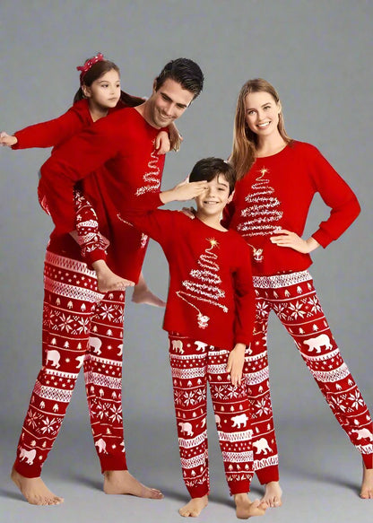 Festive holiday family pajamas in red with Christmas tree print and fair isle pants