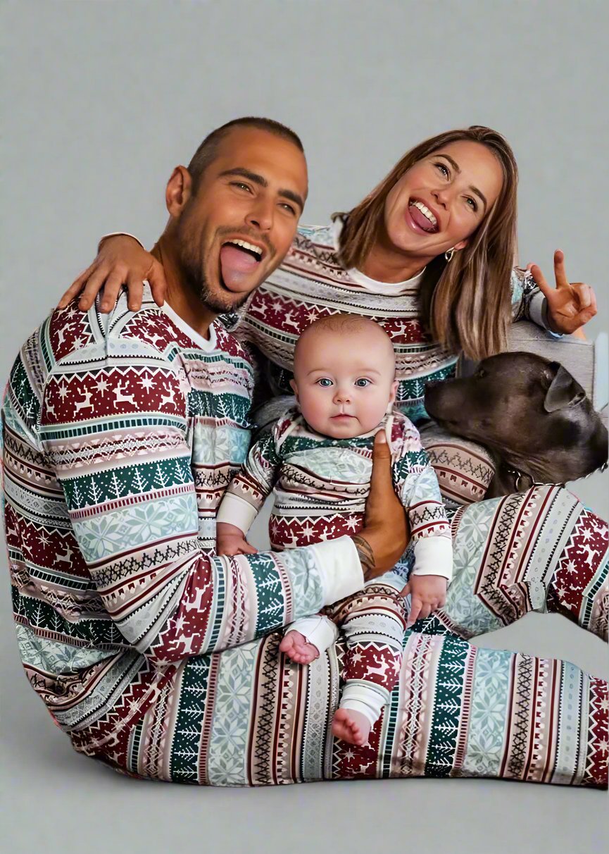 Cozy family pajamas set with Nordic print, perfect for Christmas gatherings