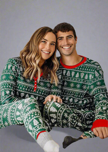 Festive holiday family pajamas with green and red Nordic print desig