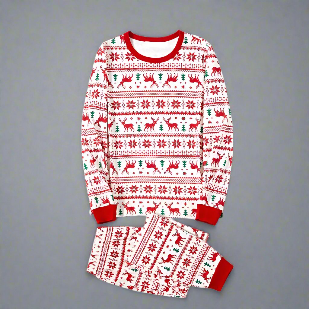 Festive holiday pajamas set for family with red and white fair isle print