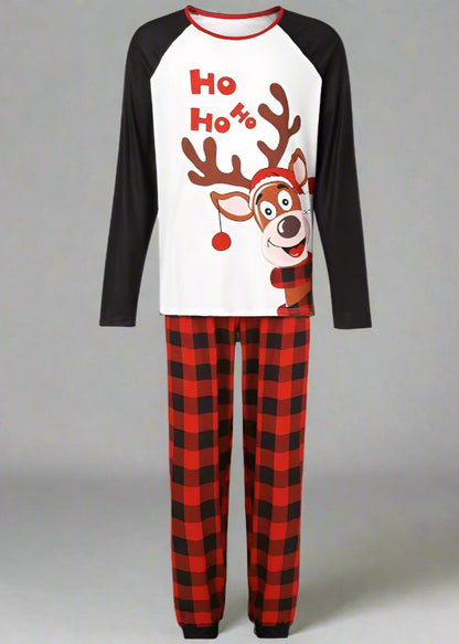 Holiday family pajamas set with reindeer print and red plaid pants