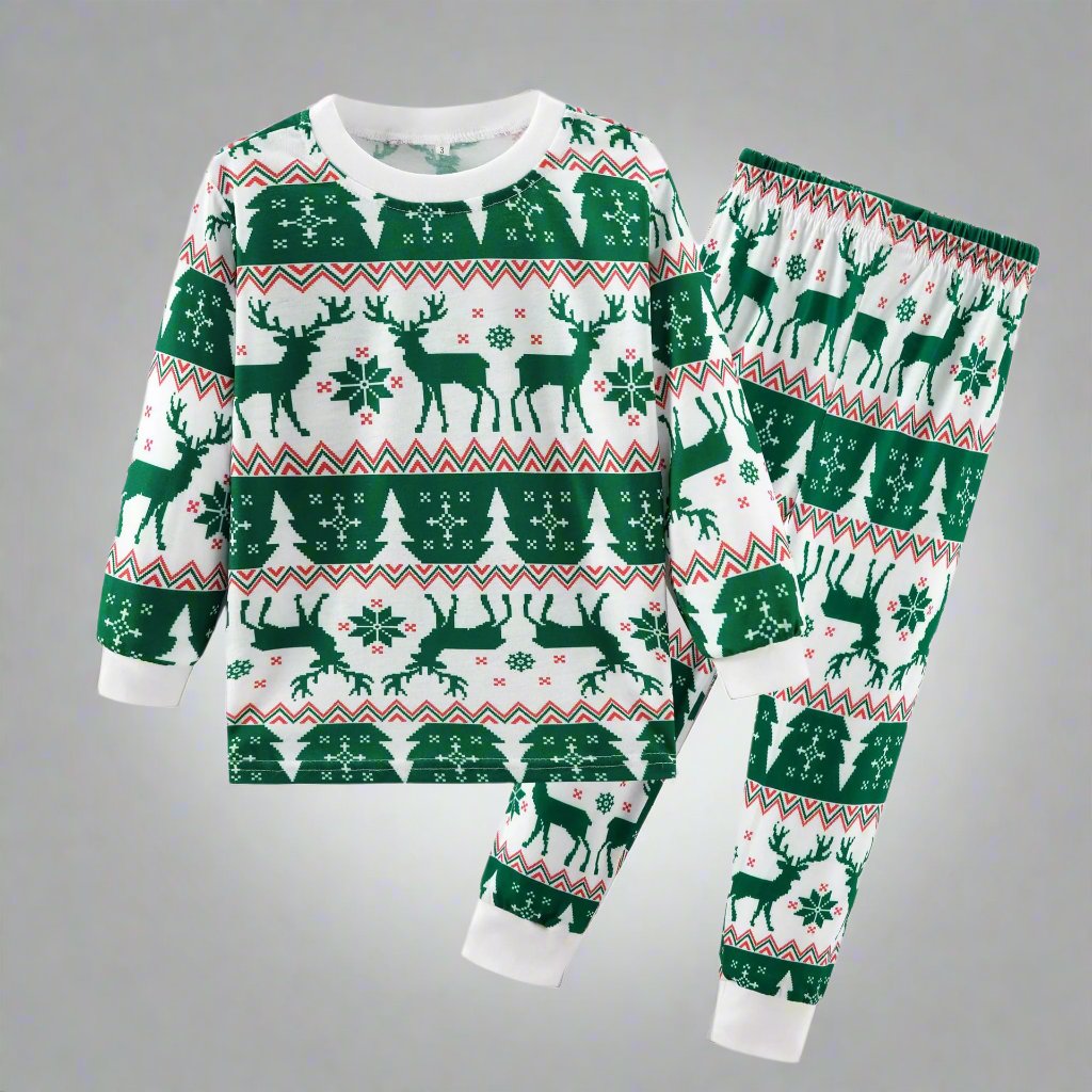 Family matching Christmas pajamas featuring reindeer and tree pattern in green and white