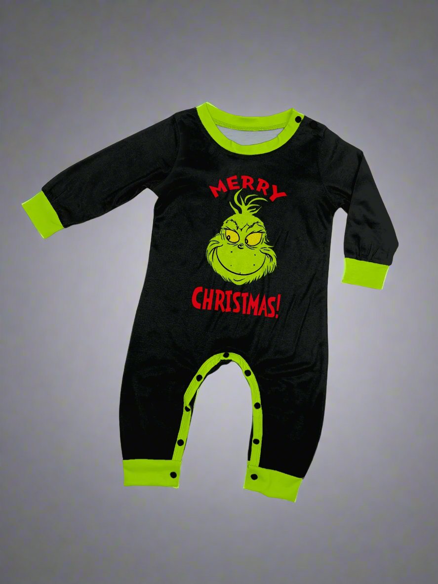 Christmas pajamas with Grinch design in black and green, ideal for family holiday gatherings