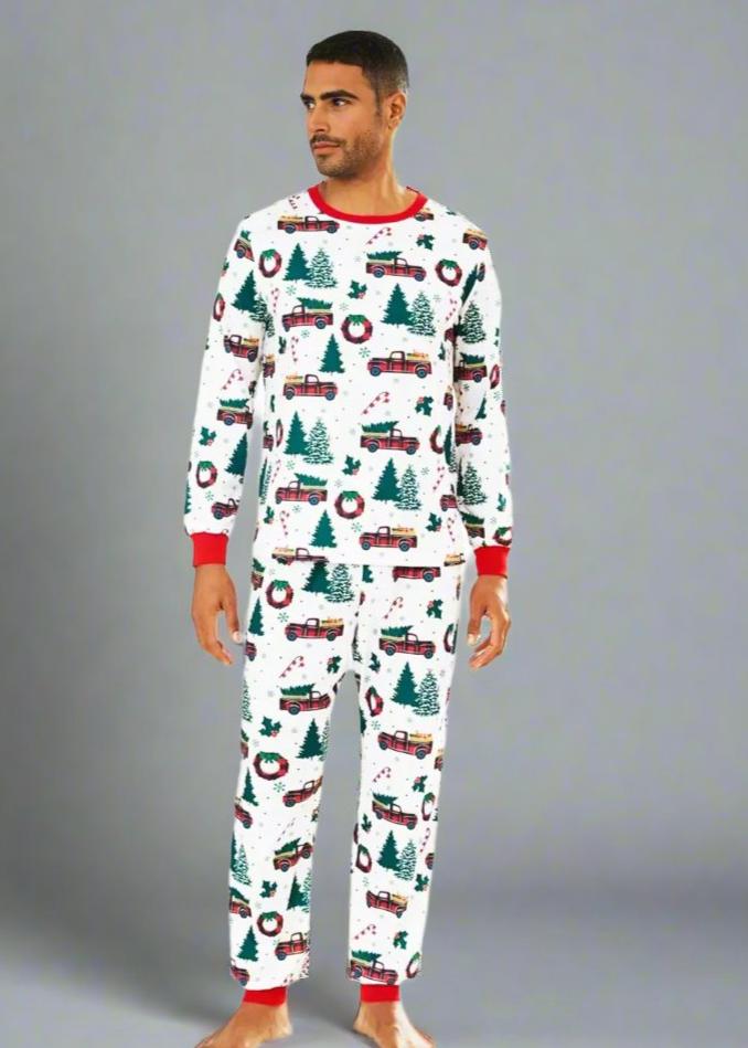 Matching family holiday pajamas with red truck, Christmas tree, and candy cane deta