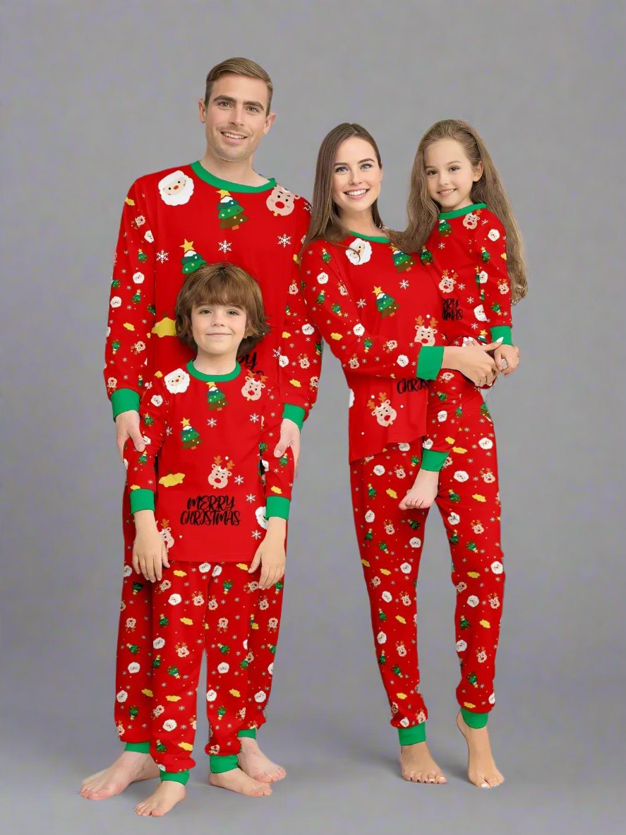 Festive family Christmas pajamas set with holiday designs, including Santa and reindeer, in three color options